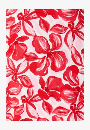 Patrón floral en estilo acuarela roja con pétalos grandes y hojas sobre un fondo blanco, creando un diseño botánico abstracto y vibrante.
