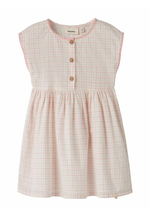 Bielo-ružové kárované šaty bez rukávov s okrúhlym výstrihom, tromi drevenými gombíkmi vpredu a nariaseným pásom.