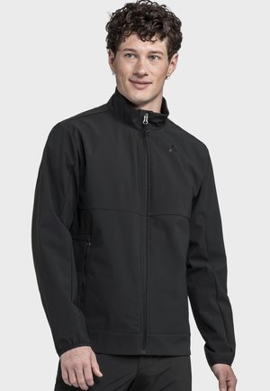 Schwarze Softshell-Jacke mit hohem Kragen, Frontreißverschluss und seitlichen Reißverschlusstaschen. Verfügt über eine glatte Textur und ein figurbetontes Design.