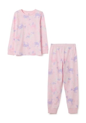 Kinder Schlafanzugset in Rosa mit langen Ärmeln und einem Aufdruck von lila und weißen geflügelten Pferden, elastischen Hosenbund und Bündchen an Ärmeln und Beinen.