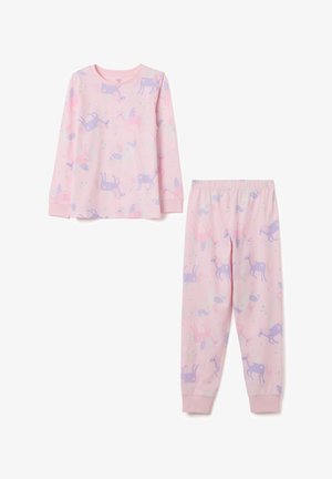 Roze lange mouwen pyjama set voor kinderen met een paarse en witte afdruk van een gevleugeld paard, elastische taille broek, en manchetten en enkels met cuffs.