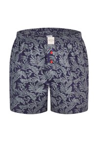 Pantaloni corti blu navy con un motivo foglioso in grigio chiaro, dotati di una cintura elastica e due bottoni rossi sul davanti.