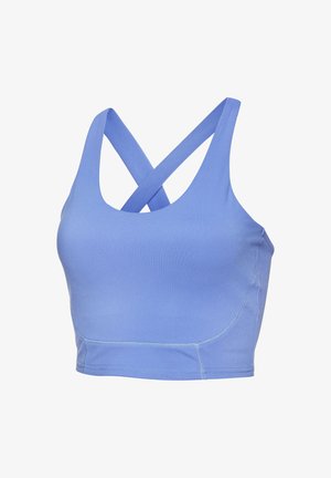 Light blue sports bra with a sleeveless design, featuring crossed straps at the back, smooth fabric, and a cropped length with subtle stitching.