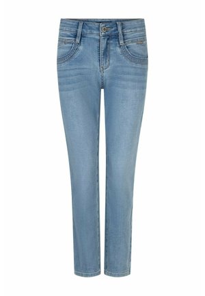 Light blue slim-fit jeans with front button, zip closure, two front pockets, and subtle faded texture on legs.