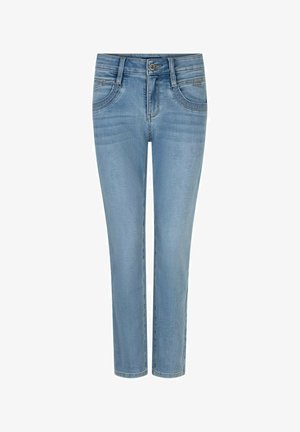 Light blue slim-fit jeans with front button, zip closure, two front pockets, and subtle faded texture on legs.