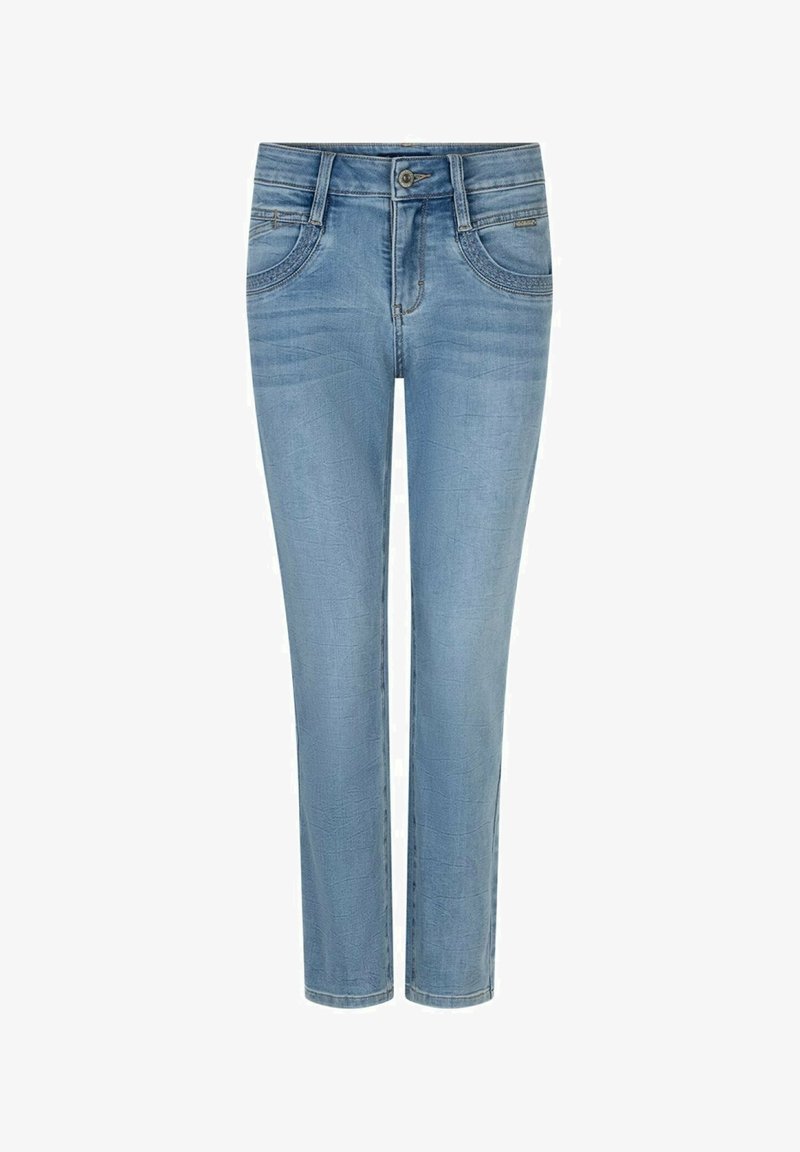 Light blue slim-fit jeans with front button, zip closure, two front pockets, and subtle faded texture on legs.