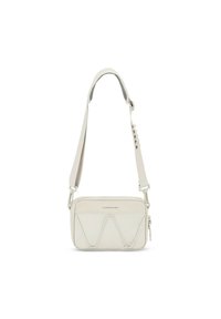 Bílá crossbody taška vyrobená z texturovaného materiálu, s uzavíráním na zip, nastavitelným popruhem a detailem ve tvaru diamantů na přední straně.