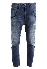 Granatowe dżinsy slim fit z przetarciami, pięcioma kieszeniami i klasycznym zapięciem na guziki.