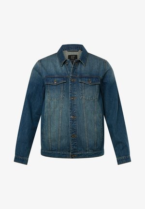 Jeansjack in medium blauw, met een puntige kraag, knoopsluiting en twee borstzakken. Geunieke textuur met subtiele vervagingselementen.