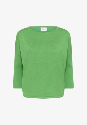 Grüner gestrickter Pullover mit rundem Ausschnitt, Dreiviertelärmeln und lockerer Passform. Die Textur ist glatt mit dezenten Rippenakzenten.