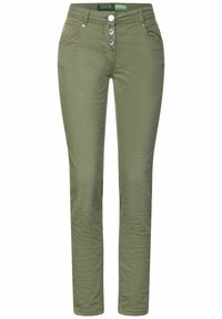 Pantalon en coton vert olive avec une coupe droite, comprenant deux poches avant, une fermeture à boutons avec trois boutons, et des détails de couture.