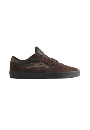 Brown and black low-top sneaker with lace-up front, textured sole, and a wave-shaped brown logo on the side.