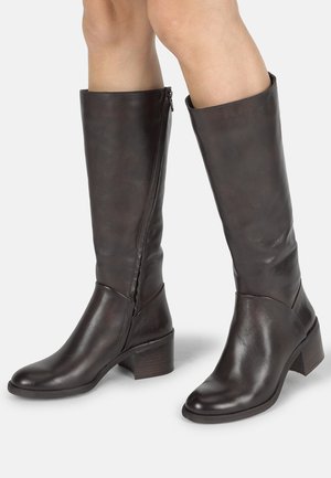 Brown leather knee-high boots with a block heel, featuring a side zipper and smooth texture. The design includes a fitted shaft and rounded toe.