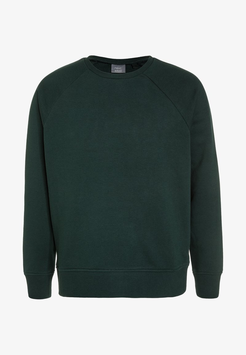 Sweatshirt vert foncé à col rond avec des manches raglan. Fabriqué en tissu doux avec une texture lisse et des poignets et un ourlet côtelés. Design simple, sans motifs.