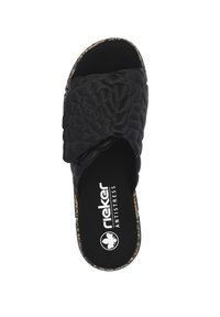 Black slide sandal with textured floral design on the strap, cushioned footbed, and printed outsole. Brand logo displayed on insole.