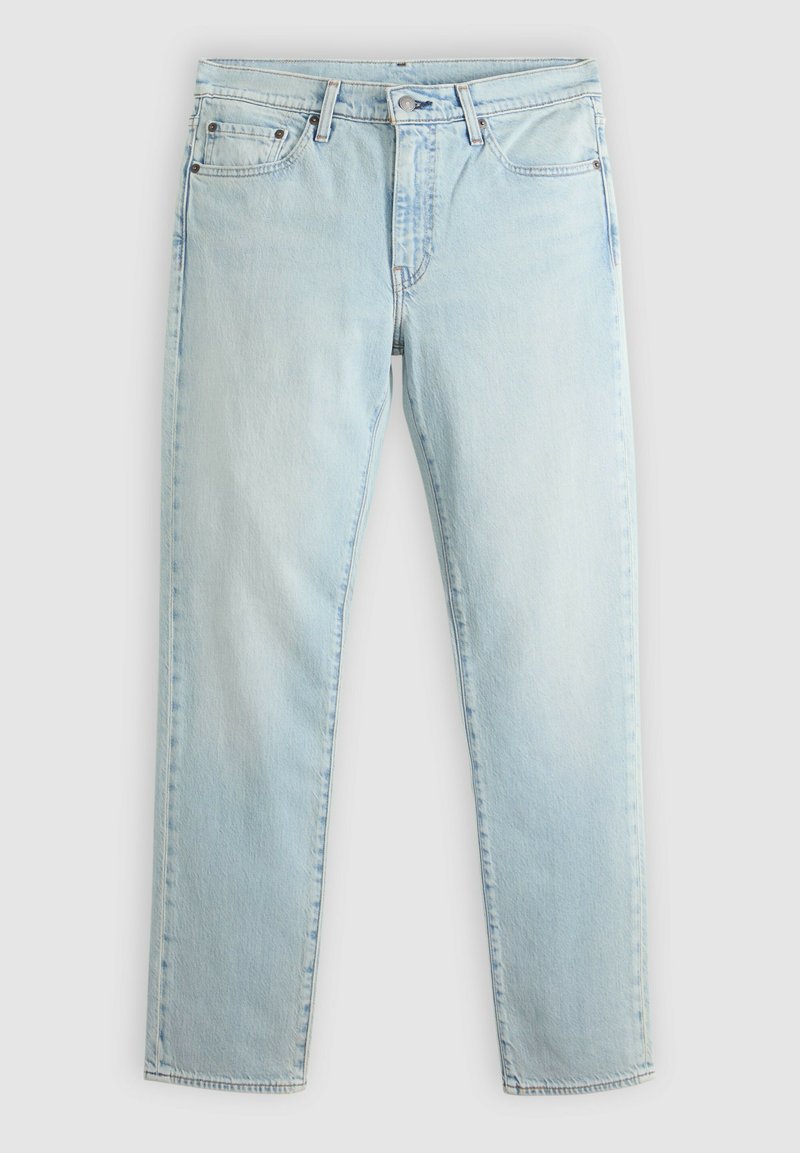 Light blue denim jeans with five pockets, button closure, and straight leg cut, laid flat on a plain background.
