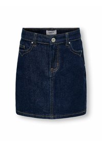 Temno modra jeans krila z sprednjimi žepi, zanke za pas, gumbom za zapiranje in vidno oranžnim šivanjem.