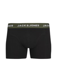 Black cotton boxer shorts with a green waistband featuring "JACK & JONES" in white lettering. Includes stitched seams for added durability.