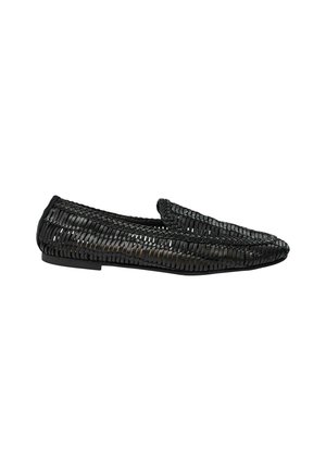 Black woven loafer with a flexible sole, featuring a rounded toe and slip-on design. The upper has textured strips creating an open pattern.