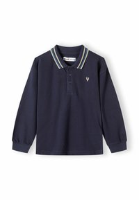 Mornarsko moder dolgi rokav polo majica z črtastim ovratnikom, tremi gumbi, rebrastimi manšetami in majhnim belim jelenovim logotipom na prsih.