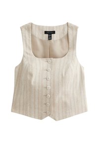 Beige gestreepte cropped vest gemaakt van een textuurstof, met een vierkante halslijn en een sluiting aan de voorkant met zeven knopen voor een op maat gemaakte pasvorm.