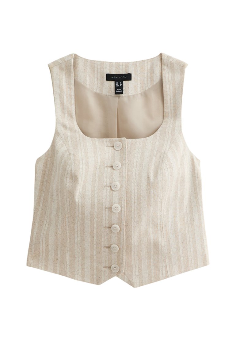Chaleco recortado a rayas beige, hecho de una tela texturizada, que presenta un escote cuadrado y un cierre frontal de siete botones para un ajuste entallado.