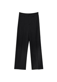 Black wide-leg trousers made of smooth fabric, featuring a front button closure, two pleats, and a clean-cut hem.