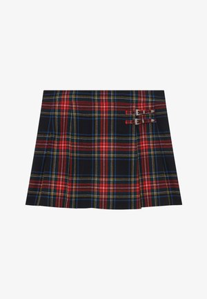 Gonna a quadri con motivi rossi, blu e verdi su uno sfondo scuro; presenta pieghe e dettagli con fibbia sul lato.