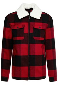 Punamusta ruudullinen takki, jossa on valkoinen sherpa-kaulus, vetoketjullinen edessä ja kaksi rintataskua, joissa läpät. Pehmeä kangas, jossa on teksturoitu kuvio.