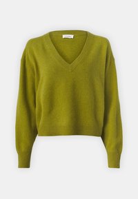 Suéter verde recortado con cuello en V, mangas largas, textura suave y dobladillo acanalado. Fabricado con material ligero, ideal para combinar en capas.