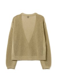 Maglione lavorato a maglia in un colore beige chiaro con scollatura a V profonda sul retro, maniche lunghe e tessuto testurizzato che presenta un motivo aperto.