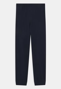 Pantalons de survêtement bleu marine en tissu doux, avec une taille élastique et des poignets fuselés. Texture lisse sans motifs ni accents visibles.