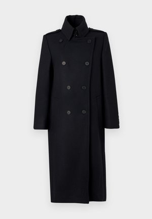 Črni dvoredni plašč s strukturiranim ovratnikom, ki ima dva sprednja žepa, dekorativne gumbe in zasnovo do kolen.