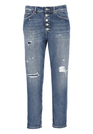 Jeans in denim blu con vita alta, chiusura a cinque bottoni, dettagli logori e gamba dritta. Presentano orlo sfilacciato e tasche.