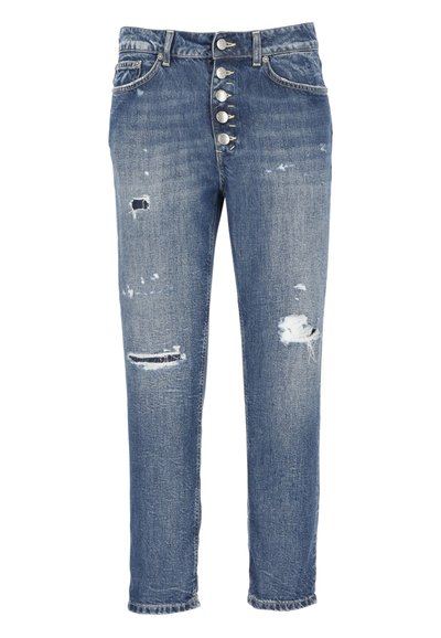 Jeans in denim blu con vita alta, chiusura a cinque bottoni, dettagli logori e gamba dritta. Presentano orlo sfilacciato e tasche.
