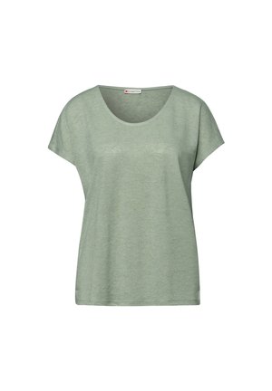 Hellgrünes Damen-T-Shirt mit kurzen Ärmeln, Rundhalsausschnitt, lockerem Schnitt und feiner melierter Textur, dargestellt vor weißem Hintergrund.