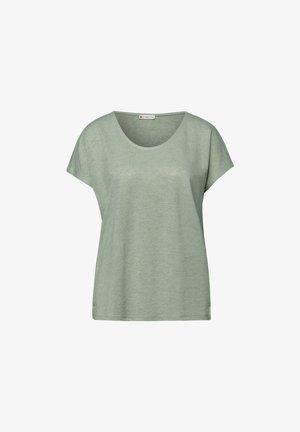 Hellgrünes Damen-T-Shirt mit kurzen Ärmeln, Rundhalsausschnitt, lockerem Schnitt und feiner melierter Textur, dargestellt vor weißem Hintergrund.