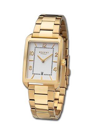 Gold-tone rectangular watch with a white dial, black and gold hour markers, and a date display. Metal link bracelet design.