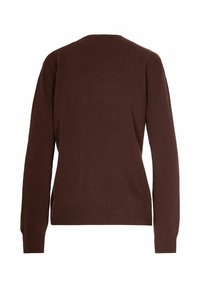 Maglione marrone a maglia con maniche lunghe, scollatura rotonda e polsini e fondo a coste. Texture liscia e design semplice. Vista posteriore mostrata.