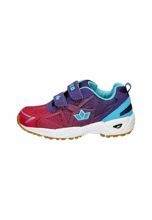 Mehrfarbiger Sportschuh aus roten, lila und türkisfarbenen Materialien, mit einem Obermaterial aus Netzgewebe, zwei Klettverschlüssen und einer strukturierten Gummisohle.