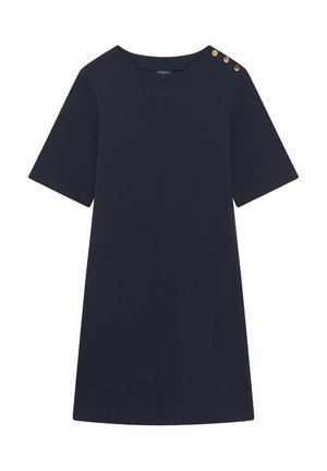 Vestido de algodón azul marino con escote redondo, mangas cortas y detalles de botones dorados en el hombro izquierdo. Textura suave y corte relajado.