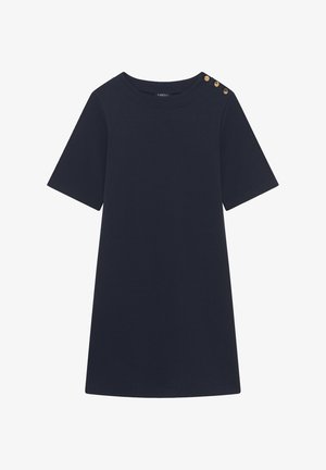 Vestido de algodón azul marino con escote redondo, mangas cortas y detalles de botones dorados en el hombro izquierdo. Textura suave y corte relajado.