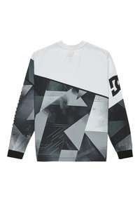 Dlhý rukáv košele v bielej, čiernej a sivej farbe, s geometrickými vzormi, hladkým materiálom a logom na ľavom rukáve.