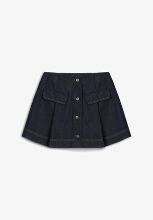 Jeansowa spódnica o rozszerzanym kształcie, ciemnogranatowy kolor, zapięcie na guziki z przodu oraz dwie naszywane kieszenie po bokach. Detale w kontrastowym stichingu.