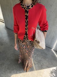 Sarkans kardigāns ar trīs ceturtdaļu piedurknēm, leoparda raksta kleita un bēša somiņa. Norādītas brūnas kurpes ar kniedēm piešķir kontrastu.