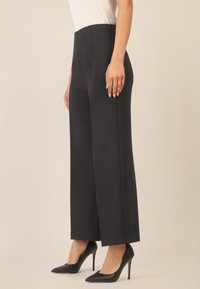Pantalons larges noirs à taille haute avec une texture lisse, associés à des chaussures à talons hauts noires élégantes, présentés en vue latérale.