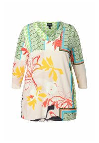 Mehrfarbiges Damenoberteil mit kurzen Ärmeln, einem V-Ausschnitt und einem floralen Muster mit grünen und blauen geometrischen Akzenten auf einem hellen Hintergrund.