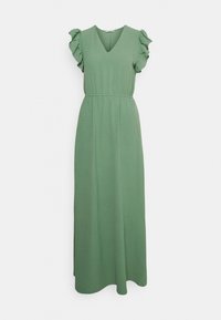 Robe maxi verte avec un décolleté en V, des manches courtes volantées, une taille élastique et une jupe fluide, fabriquée en tissu doux et léger.