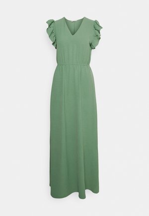 Vestido maxi verde con escote en V, mangas cortas con volantes, cintura elástica y falda fluida, confeccionado en una tela suave y ligera.