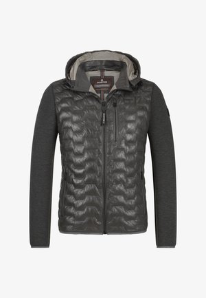 Grau gepolsterte Jacke mit Reißverschluss, Kapuze und gemischtem Material; glänzendes Puffer-Oberteil und weiche graue Ärmel; zwei Fronttaschen.